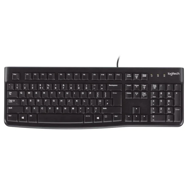 کیبورد لاجیتک مدل K120 با سوییچ ممبران، Full Size، پایههای قابل تنظیم، اتصال Plug & Play، حروف حک شده فارسی، مقاوم در مقابل نفوذ مایعات